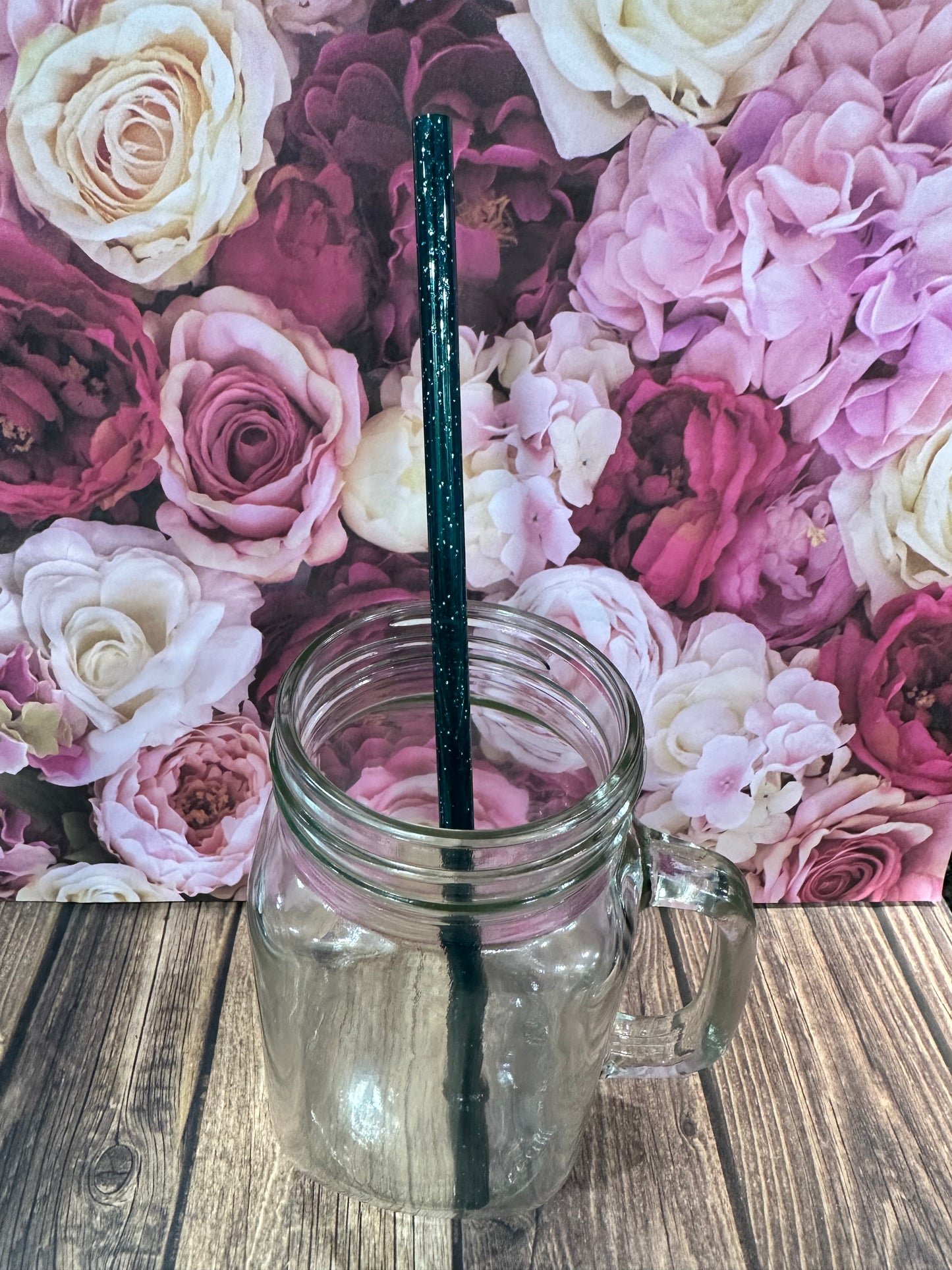 9" Green glitter plastic reusable straw