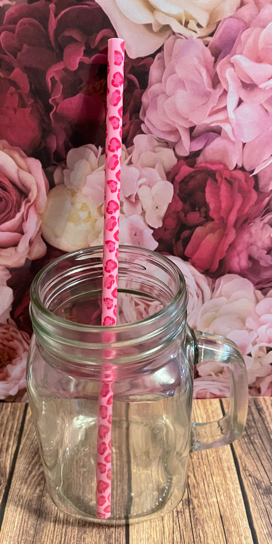 9" Pink/ pink cheetah plastic reusable straw