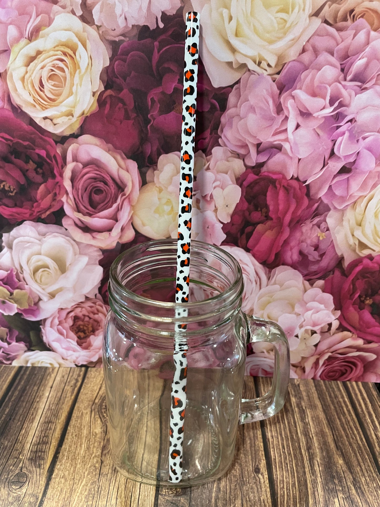 10" Red cheetah reusable plastic straw