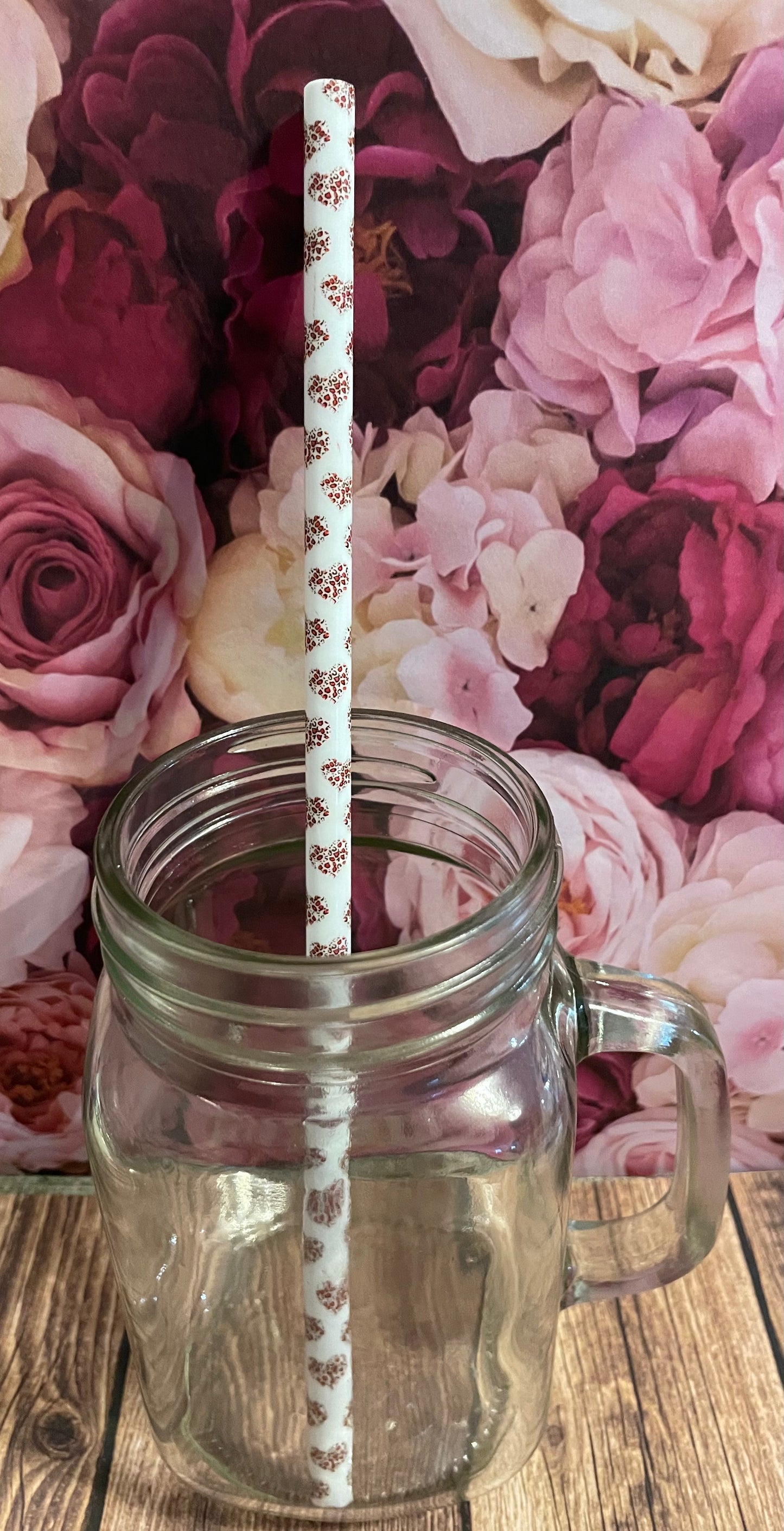 9" Pink cheetah heart plastic reusable straw