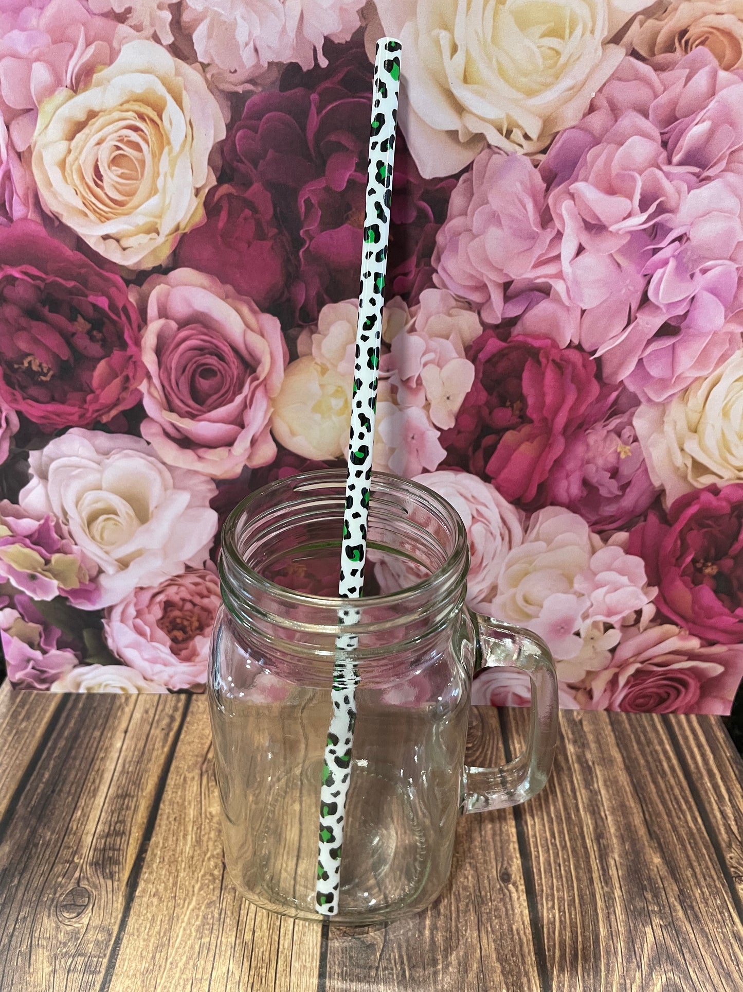 10" Green cheetah plastic reusable straw