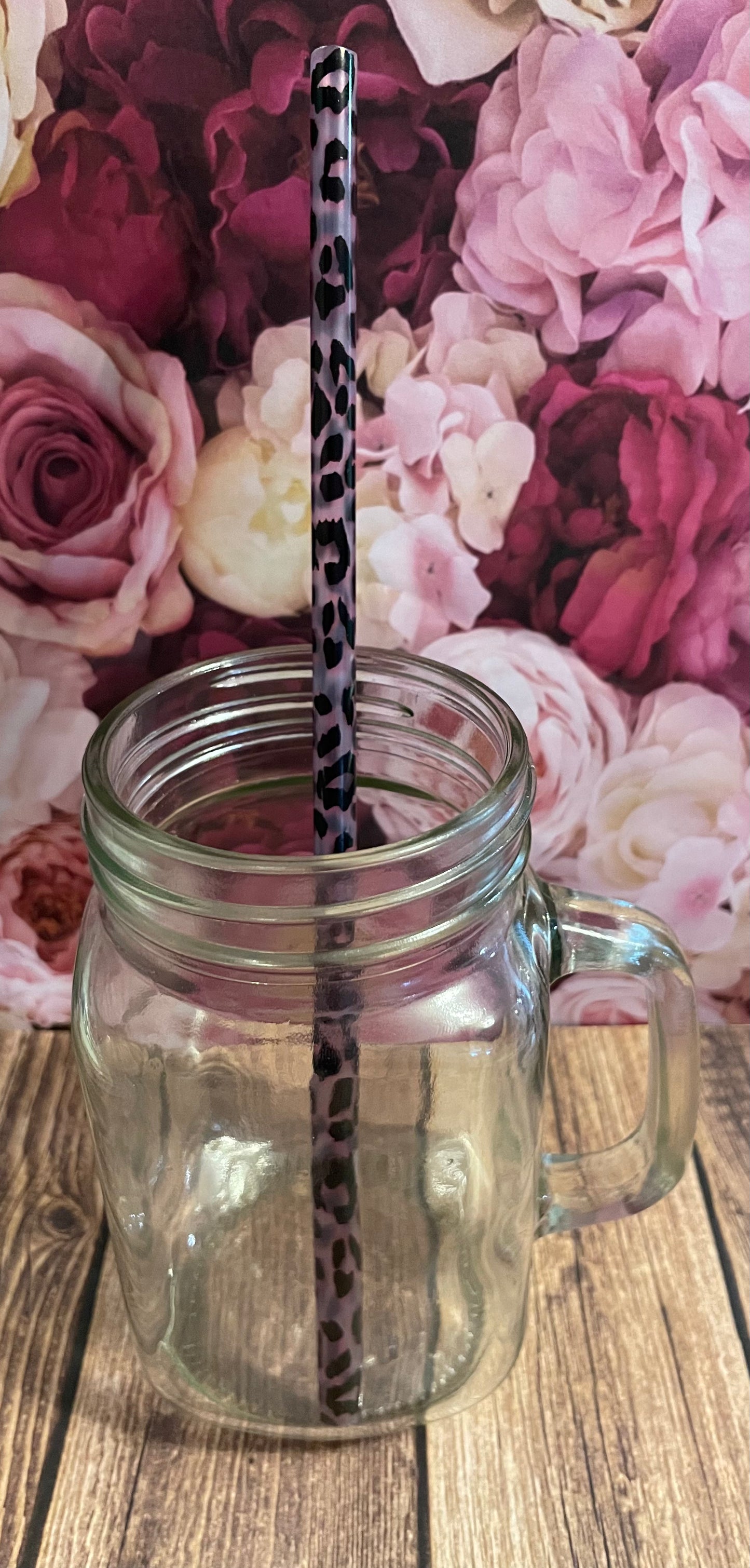 9" Pink/purple cheetah plastic reusable straw