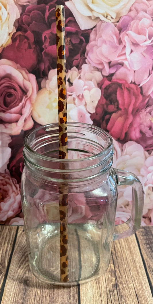 9" Brown cheetah plastic reusable straw