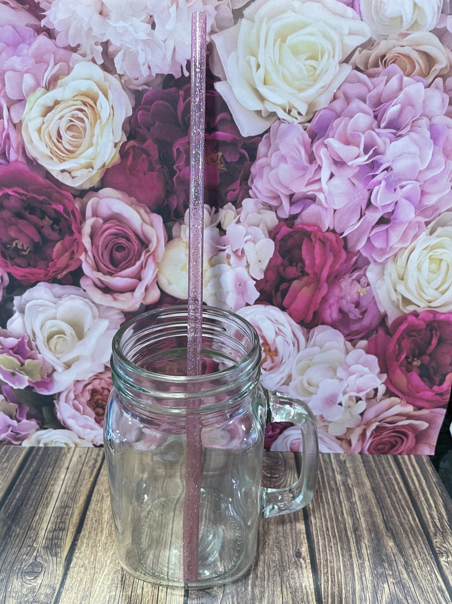 11" Pink glitter plastic reusable straw