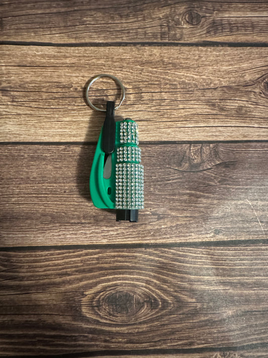 Green and silver rhinestone seatbelt cutter/ window breaker