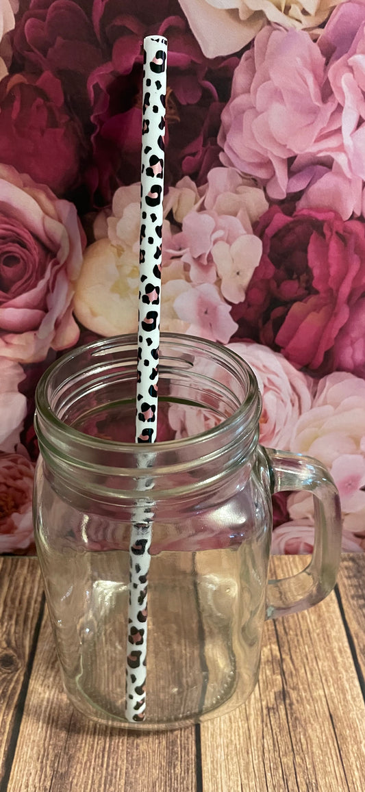 9" Pink cheetah plastic reusable straw