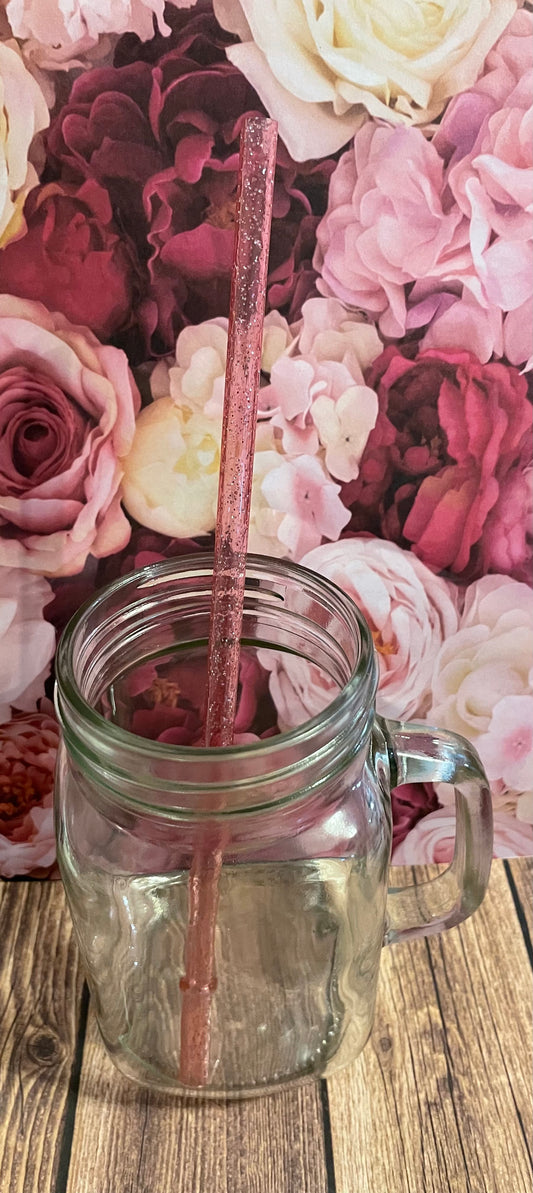 9" Pink glitter plastic reusable straw