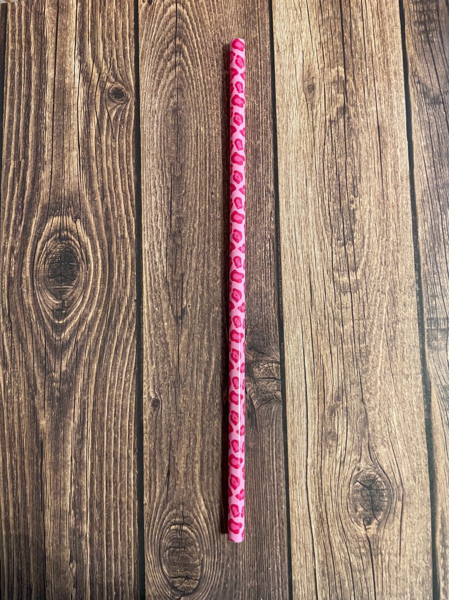 9" Pink/ pink cheetah plastic reusable straw