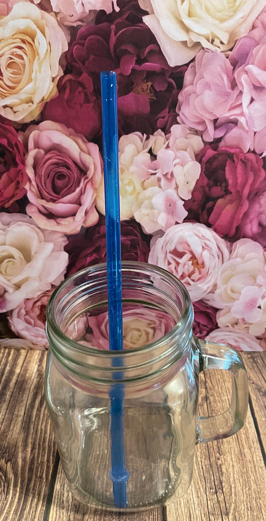 9" Blue glitter plastic reusable straw