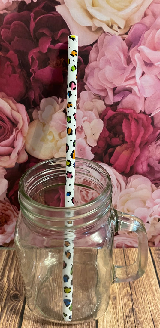 9" Multi color cheetah plastic reusable straw